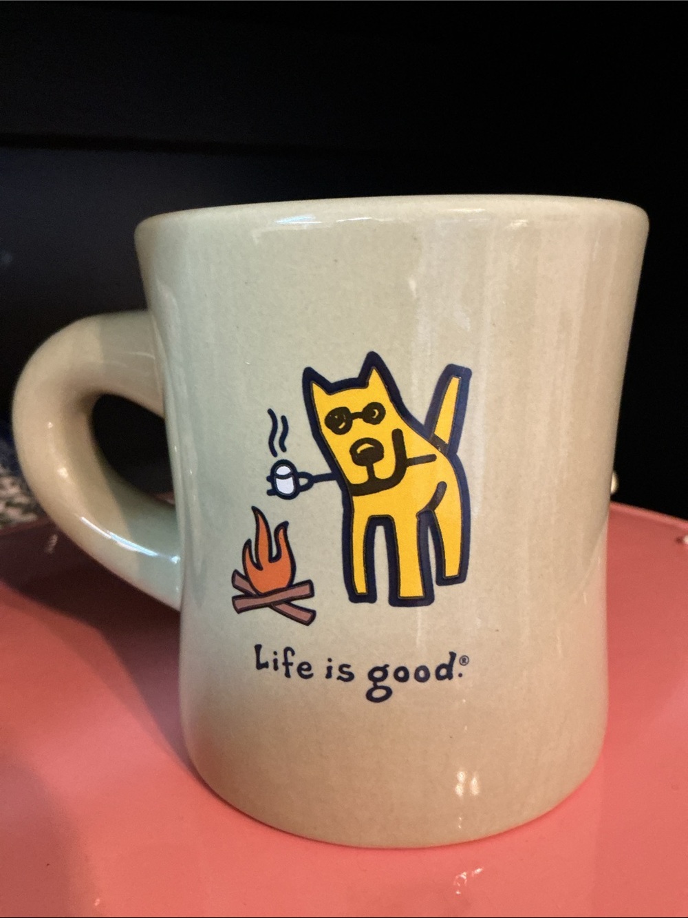 Life Is Good Sage Green Mug with Camping Dog